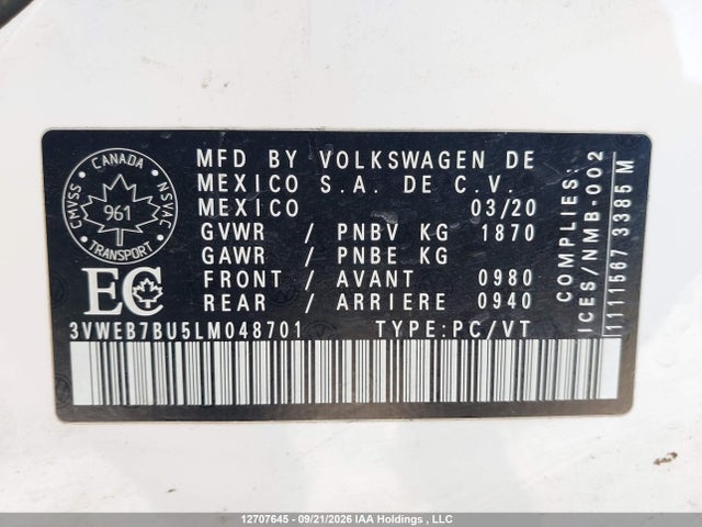 Продаж на аукціоні авто 2020 Volkswagen Jetta Highline, vin: 3VWEB7BU5LM048701, номер лоту: 12707645