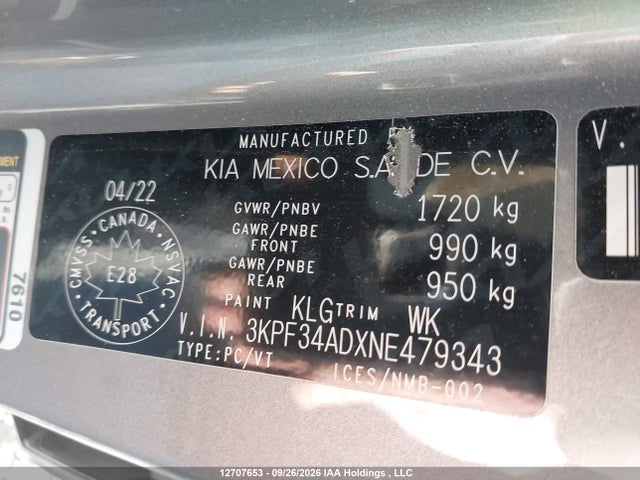 12707653 :رقم المزاد ، 3KPF34ADXNE479343 vin ، 2022 Kia Forte Gt Line مزاد بيع