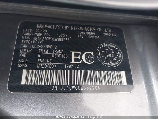 Aukcja sprzedaży 2020 Nissan Qashqai S/sl/sv, vin: JN1BJ1CW0LW389268, numer aukcji: 12707663