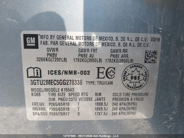Продаж на аукціоні авто 2016 Gmc Sierra K1500 Sle, vin: 3GTU2MEC5GG278338, номер лоту: 12707668