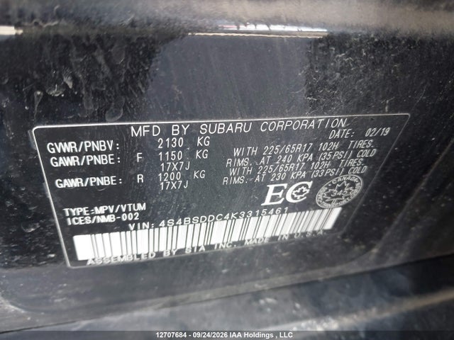 12707684 :رقم المزاد ، 4S4BSDDC4K3315461 vin ، 2019 Subaru Outback 2.5i Premium مزاد بيع