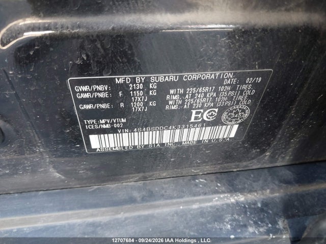 12707684 :رقم المزاد ، 4S4BSDDC4K3315461 vin ، 2019 Subaru Outback 2.5i Premium مزاد بيع