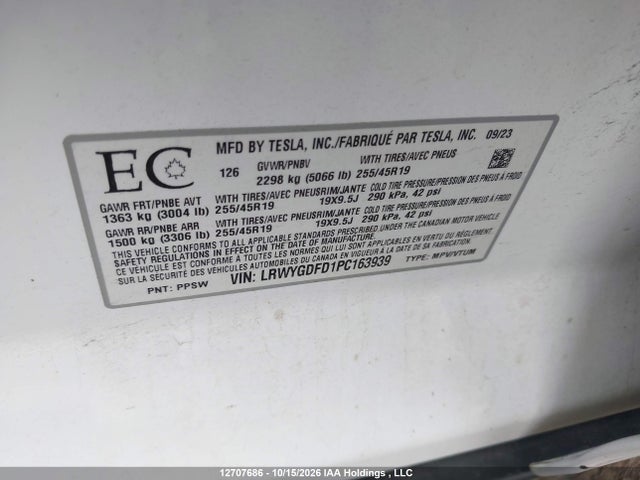 12707686 :رقم المزاد ، LRWYGDFD1PC163939 vin ، 2023 Tesla Model Y Rwd مزاد بيع