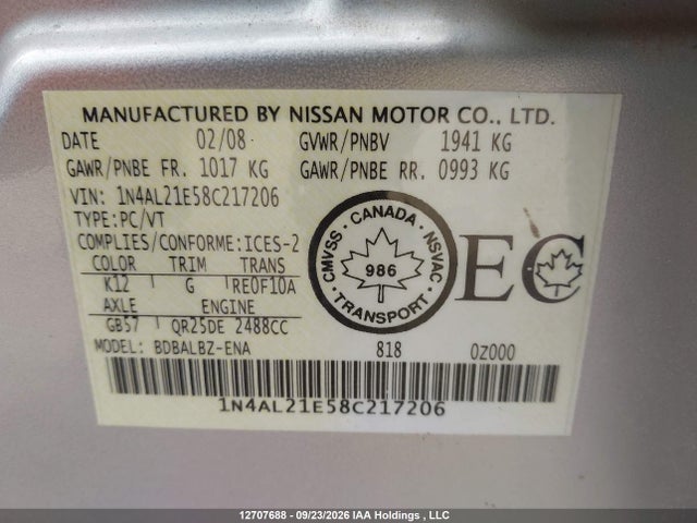 12707688 :رقم المزاد ، 1N4AL21E58C217206 vin ، 2008 Nissan Altima 2.5/2.5s مزاد بيع