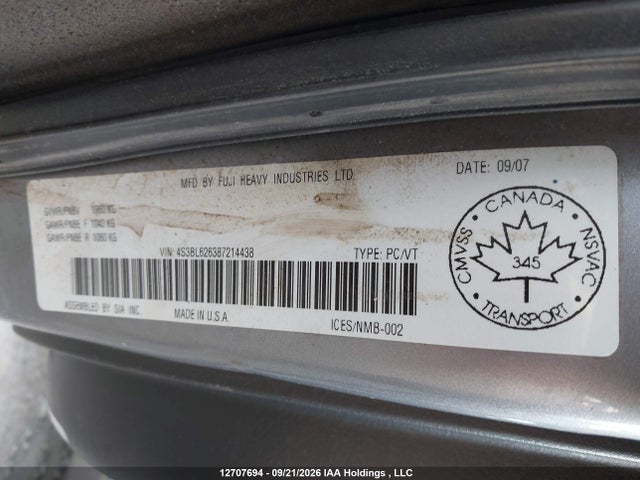 12707694 :رقم المزاد ، 4S3BL626387214438 vin ، 2008 Subaru Legacy 2.5 I Limited Package مزاد بيع