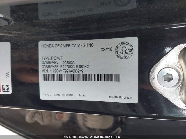 12707696 :رقم المزاد ، 1HGCV1F92JA806249 vin ، 2018 Honda Accord Touring مزاد بيع