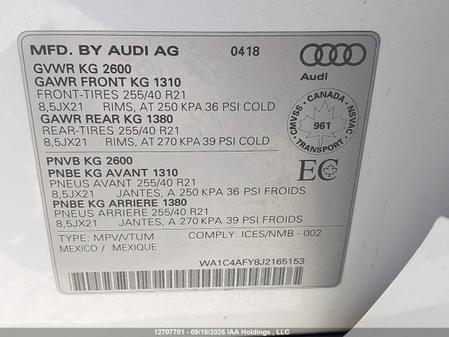 Продаж на аукціоні авто 2018 Audi Sq5 3.0t Technik, vin: WA1C4AFY8J2165153, номер лоту: 12707701