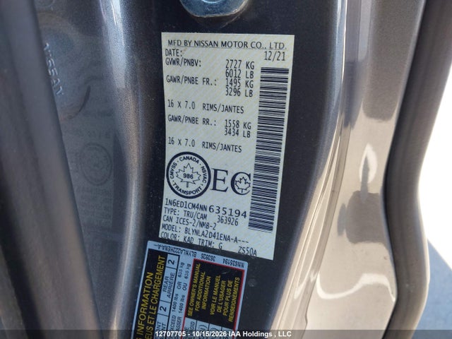 1N6ED1CM4NN635194 Nissan Frontier S/sv