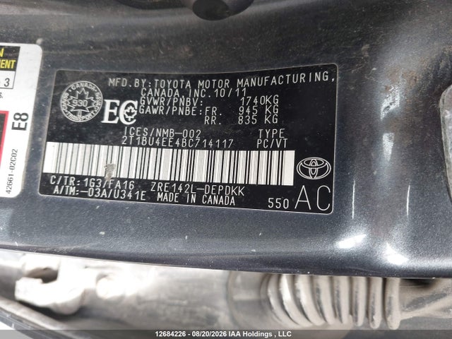 Продажа на аукционе авто 2011 Toyota Corolla Ce, vin: 2T1BU4EE4BC714117, номер лота: 12684226