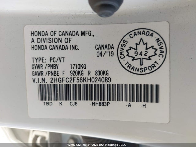 12707722 :رقم المزاد ، 2HGFC2F56KH024089 vin ، 2019 Honda Civic Lx مزاد بيع
