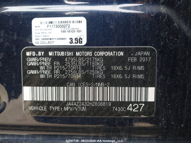 Aukcja sprzedaży 2017 Mitsubishi Outlander Es, vin: JA4AZ2A32HZ606819, numer aukcji: 12707739