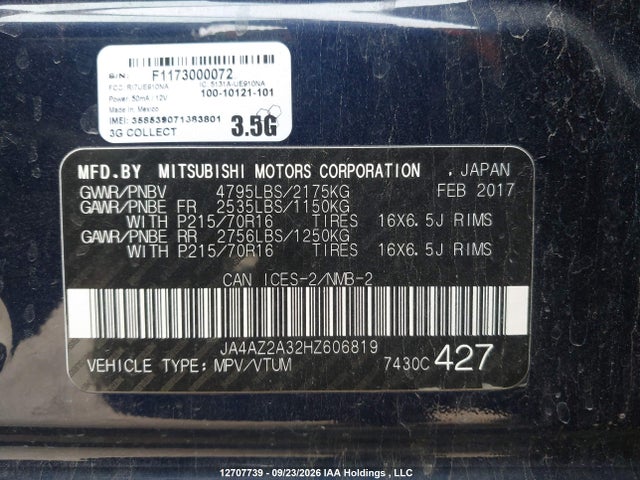 Aukcja sprzedaży 2017 Mitsubishi Outlander Es, vin: JA4AZ2A32HZ606819, numer aukcji: 12707739