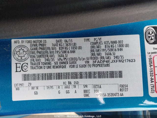 12707771 :رقم المزاد ، 3FADP4EJXFM217623 vin ، 2015 Ford Fiesta Se مزاد بيع