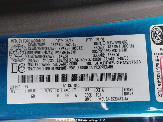 12707771 :رقم المزاد ، 3FADP4EJXFM217623 vin ، 2015 Ford Fiesta Se مزاد بيع