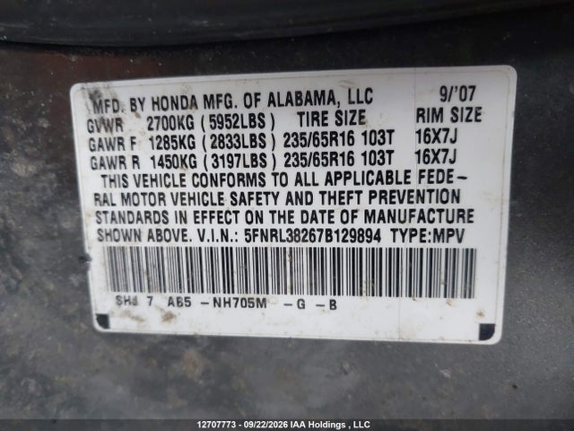 Продажа на аукционе авто 2007 Honda Odyssey Lx, vin: 5FNRL38267B129894, номер лота: 12707773