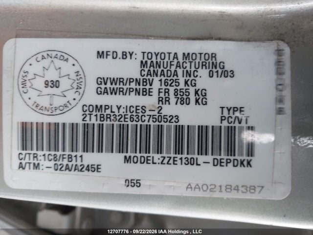 Aukcja sprzedaży 2003 Toyota Corolla Ce/le/s, vin: 2T1BR32E63C750523, numer aukcji: 12707776