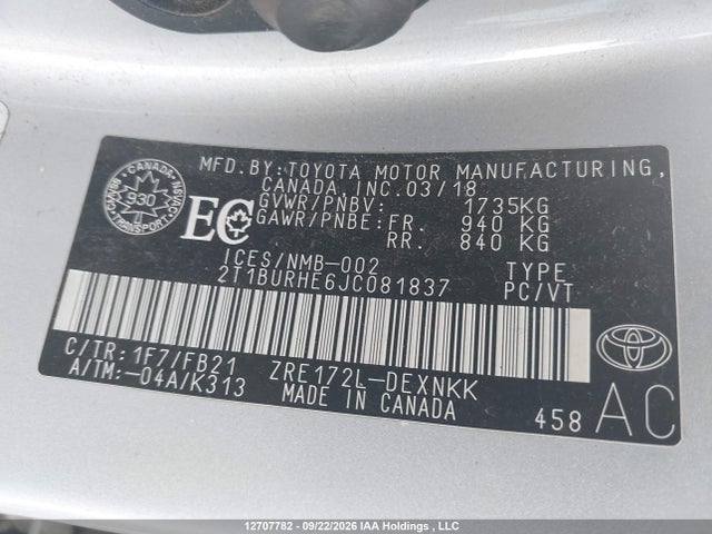 12707782 :رقم المزاد ، 2T1BURHE6JC081837 vin ، 2018 Toyota Corolla Le مزاد بيع