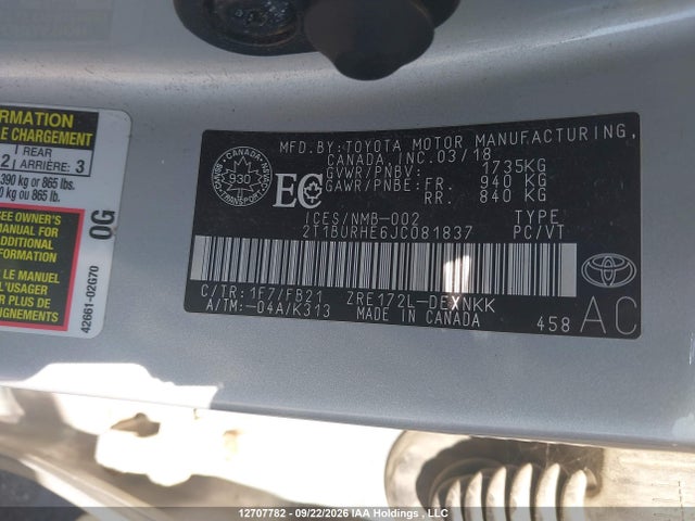12707782 :رقم المزاد ، 2T1BURHE6JC081837 vin ، 2018 Toyota Corolla Le مزاد بيع