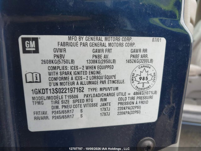 Auction sale of the 2002 Gmc Envoy Sle/slt, vin: 1GKDT13S022197162, lot number: 12707787