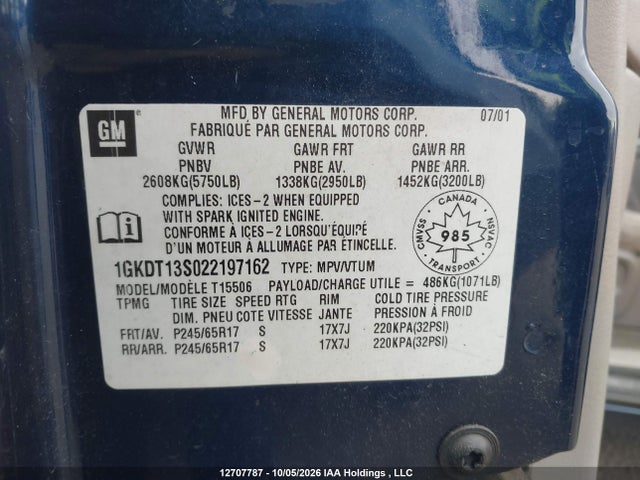 Auction sale of the 2002 Gmc Envoy Sle/slt, vin: 1GKDT13S022197162, lot number: 12707787