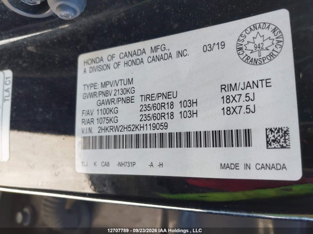 12707789 :رقم المزاد ، 2HKRW2H52KH119059 vin ، 2019 Honda Cr-v Ex مزاد بيع