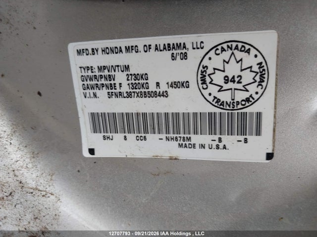 Продажа на аукционе авто 2008 Honda Odyssey Ex-l, vin: 5FNRL387X8B508443, номер лота: 12707793