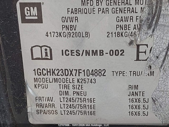 2007 Chevrolet Silverado 2500hd Ls/lt მანქანა იყიდება აუქციონზე, vin: 1GCHK23DX7F104882, აუქციონის ნომერი: 12707806
