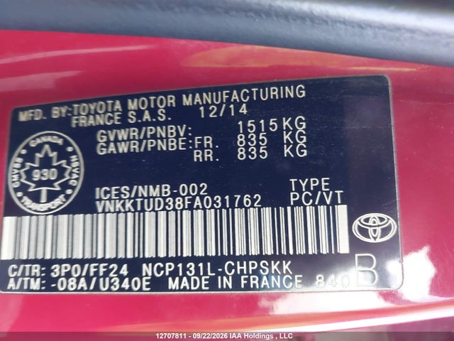 Продажа на аукционе авто 2015 Toyota Yaris, vin: VNKKTUD38FA031762, номер лота: 12707811