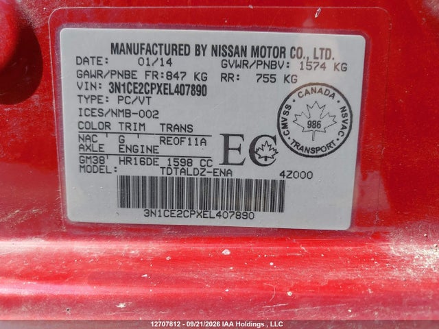 Aukcja sprzedaży 2014 Nissan Versa Note 1.6 S/1.6 Sl/1.6 Sv, vin: 3N1CE2CPXEL407890, numer aukcji: 12707812