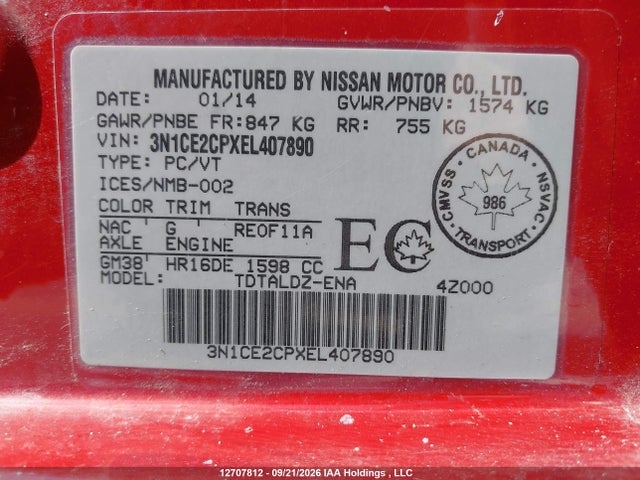 Aukcja sprzedaży 2014 Nissan Versa Note 1.6 S/1.6 Sl/1.6 Sv, vin: 3N1CE2CPXEL407890, numer aukcji: 12707812