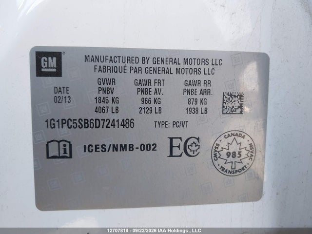 Aukcja sprzedaży 2013 Chevrolet Cruze Lt Turbo, vin: 1G1PC5SB6D7241486, numer aukcji: 12707818
