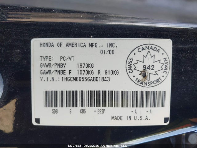 12707832 :رقم المزاد ، 1HGCM66556A801843 vin ، 2006 Honda Accord Ex مزاد بيع