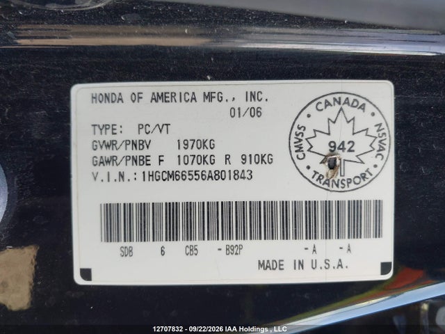 12707832 :رقم المزاد ، 1HGCM66556A801843 vin ، 2006 Honda Accord Ex مزاد بيع