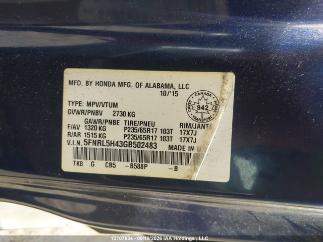 5FNRL5H43GB502483 Honda ODYSSEY EX