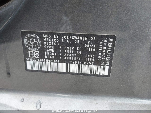 Aukcja sprzedaży 2025 Volkswagen Jetta Comfortline, vin: 3VWSX7BU0SM021098, numer aukcji: 12707846