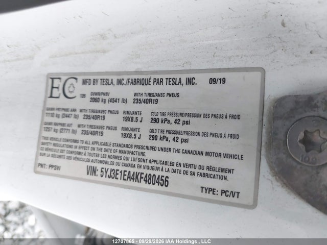 2019 Tesla Model 3 მანქანა იყიდება აუქციონზე, vin: 5YJ3E1EA4KF480456, აუქციონის ნომერი: 12707865