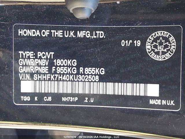 SHHFK7H40KU302508 Honda Civic Sport