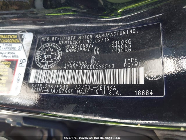 2013 Toyota Camry მანქანა იყიდება აუქციონზე, vin: 4T1BF1FK8DU239540, აუქციონის ნომერი: 12707876