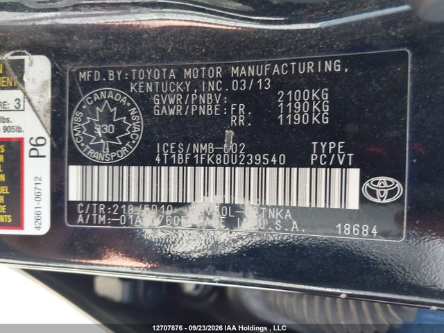 2013 Toyota Camry მანქანა იყიდება აუქციონზე, vin: 4T1BF1FK8DU239540, აუქციონის ნომერი: 12707876