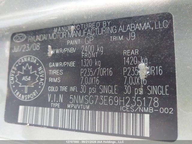 12707880 :رقم المزاد ، 5NMSG73E69H235178 vin ، 2009 Hyundai Santa Fe Gl مزاد بيع