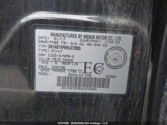 Aukcja sprzedaży 2017 Nissan Sentra 1.8 S/1.8 Sl/1.8 Sv, vin: 3N1AB7AP8HL672005, numer aukcji: 12707885