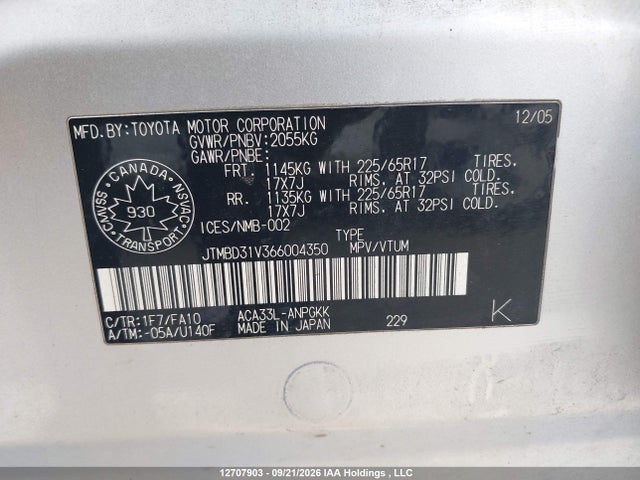 12707903 :رقم المزاد ، JTMBD31V366004350 vin ، 2006 Toyota Rav4 Limited مزاد بيع