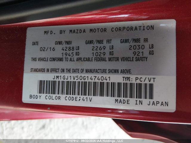Aukcja sprzedaży 2016 Mazda Mazda6 Gs, vin: JM1GJ1V50G1474041, numer aukcji: 12707912