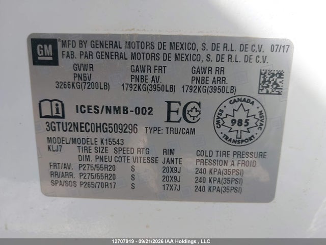 Продажа на аукционе авто 2017 Gmc Sierra 1500 Slt, vin: 3GTU2NEC0HG509296, номер лота: 12707919