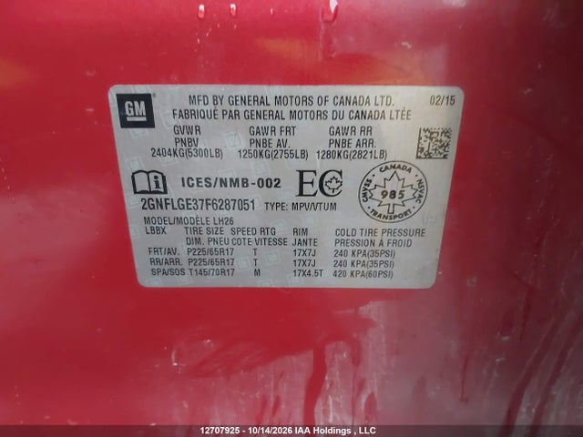 12707925 :رقم المزاد ، 2GNFLGE37F6287051 vin ، 2015 Chevrolet Equinox 2lt مزاد بيع
