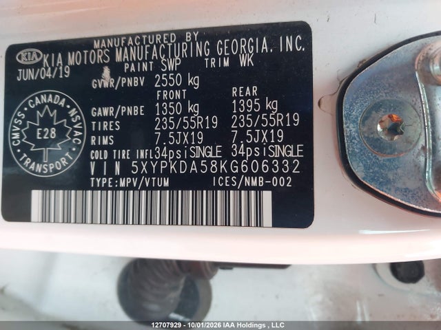 Aukcja sprzedaży 2019 Kia Sorento, vin: 5XYPKDA58KG606332, numer aukcji: 12707929