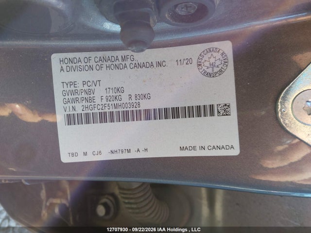 12707930 :رقم المزاد ، 2HGFC2F51MH003928 vin ، 2021 Honda Civic Lx مزاد بيع