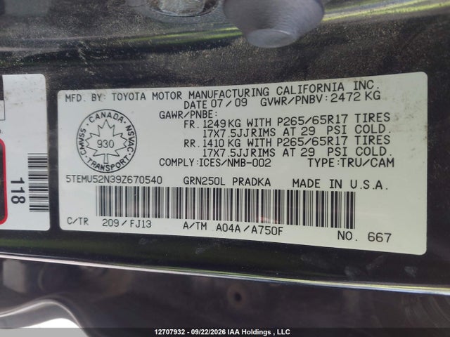 Продаж на аукціоні авто 2009 Toyota Tacoma V6, vin: 5TEMU52N39Z670540, номер лоту: 12707932
