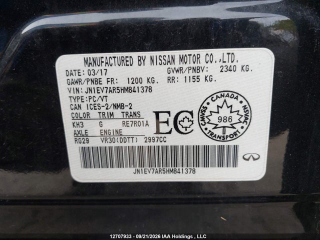 12707933 :رقم المزاد ، JN1EV7AR5HM841378 vin ، 2017 Infiniti Q50 3.0t مزاد بيع