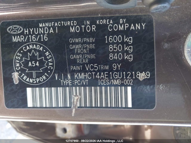 Продажа на аукционе авто 2016 Hyundai Accent Gl, vin: KMHCT4AE1GU121849, номер лота: 12707950